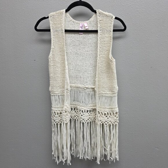 Dolled Up Vest Womens Medium Oatmeal Knit Open Front Fringe Tassel Crochet Boho - Picture 1 of 11